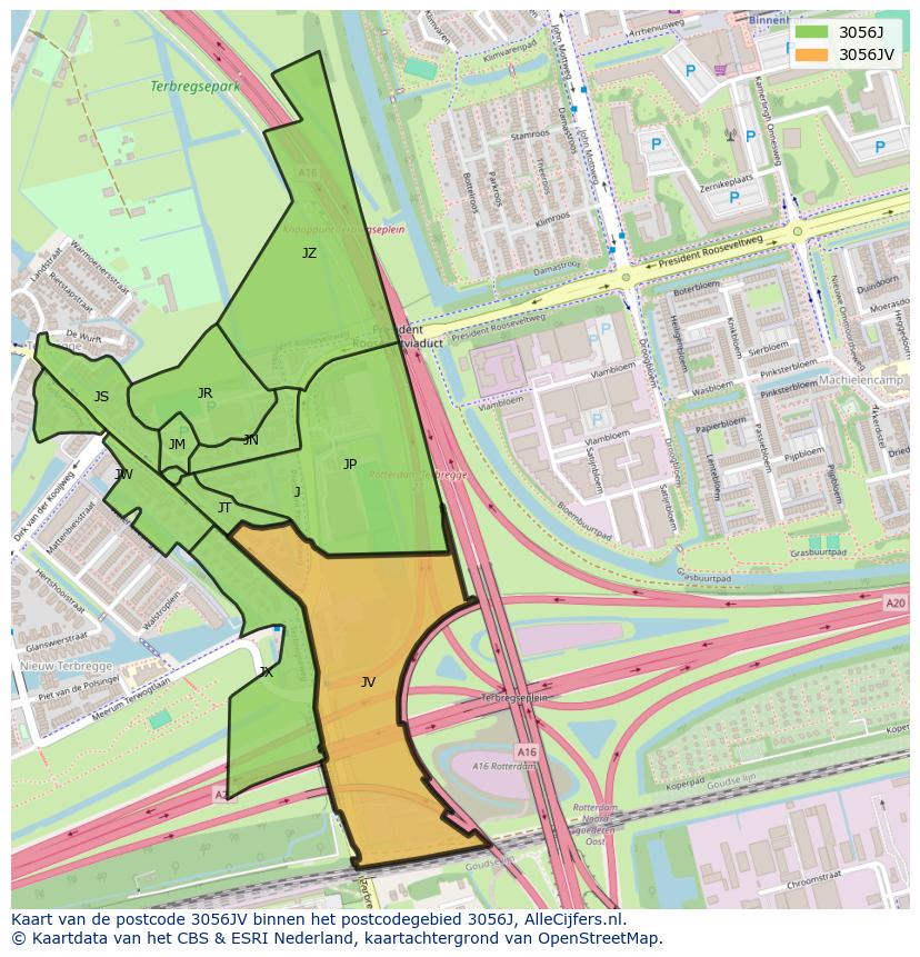 Afbeelding van het postcodegebied 3056 JV op de kaart.
