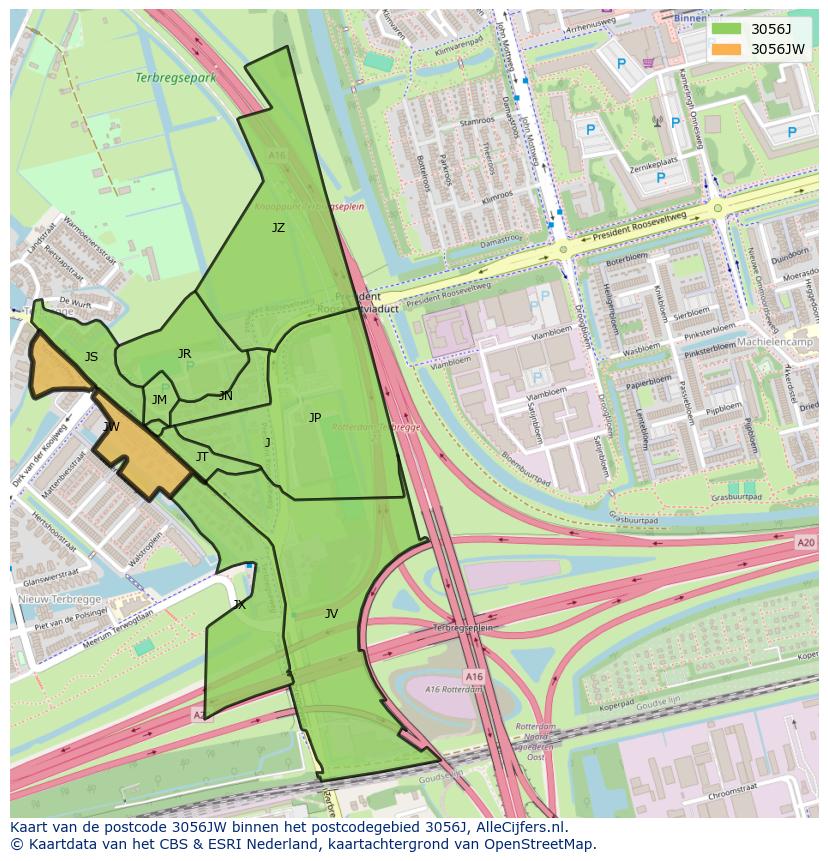 Afbeelding van het postcodegebied 3056 JW op de kaart.