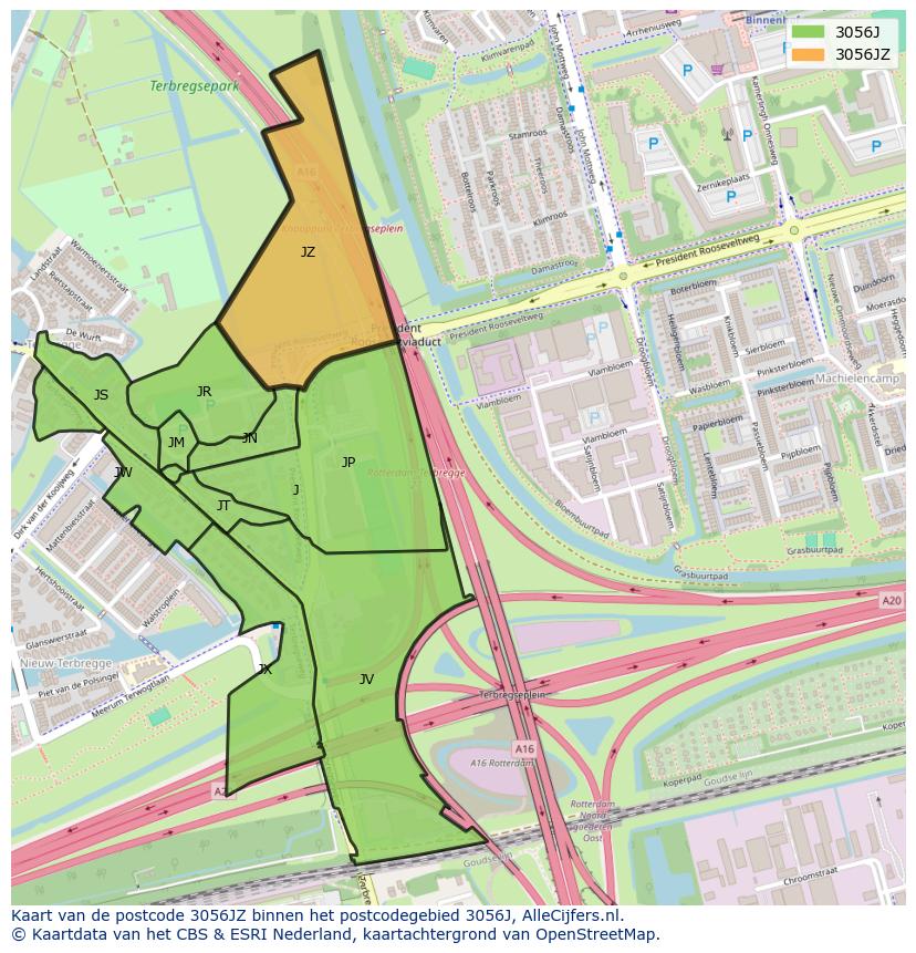 Afbeelding van het postcodegebied 3056 JZ op de kaart.