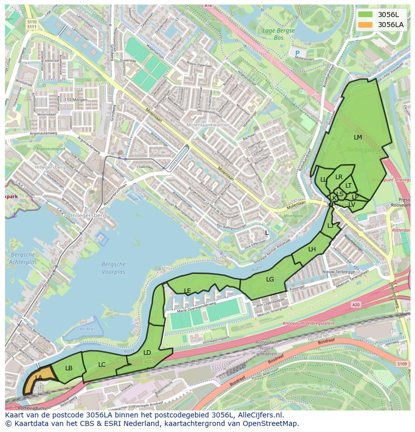 Afbeelding van het postcodegebied 3056 LA op de kaart.