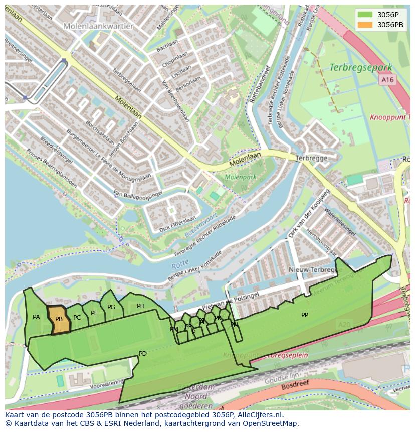 Afbeelding van het postcodegebied 3056 PB op de kaart.