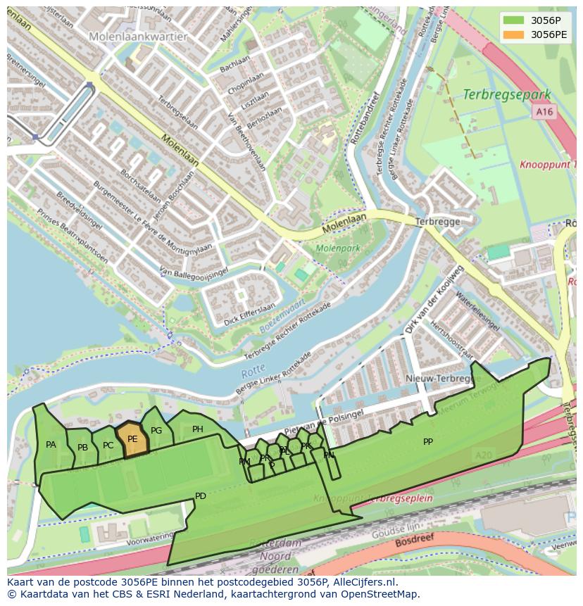 Afbeelding van het postcodegebied 3056 PE op de kaart.