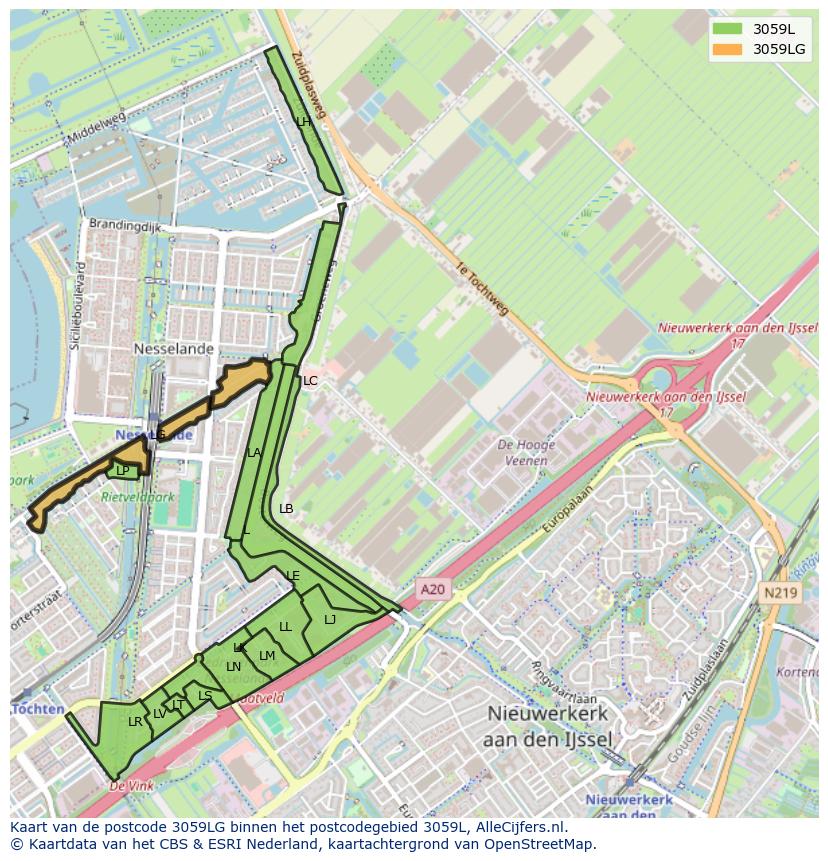 Afbeelding van het postcodegebied 3059 LG op de kaart.