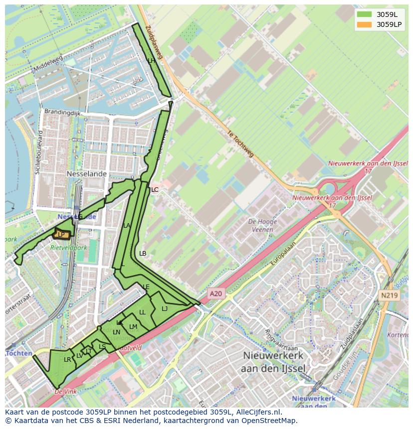 Afbeelding van het postcodegebied 3059 LP op de kaart.