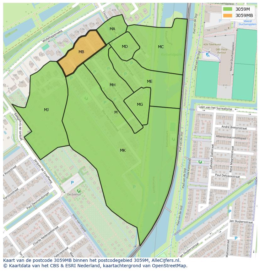 Afbeelding van het postcodegebied 3059 MB op de kaart.