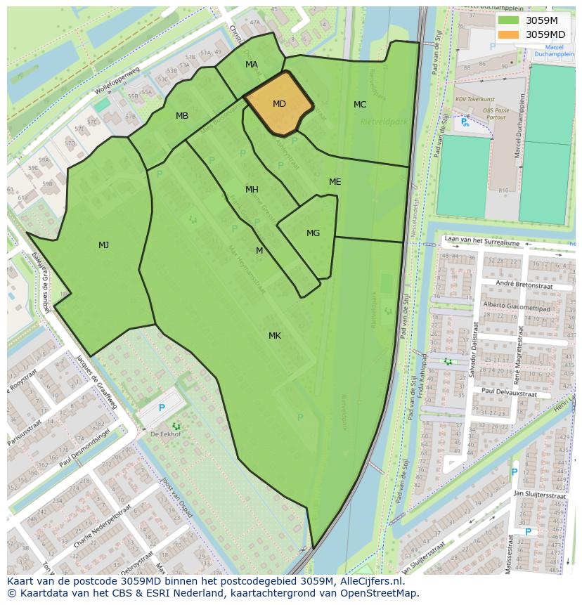 Afbeelding van het postcodegebied 3059 MD op de kaart.