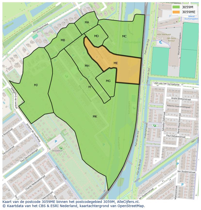 Afbeelding van het postcodegebied 3059 ME op de kaart.