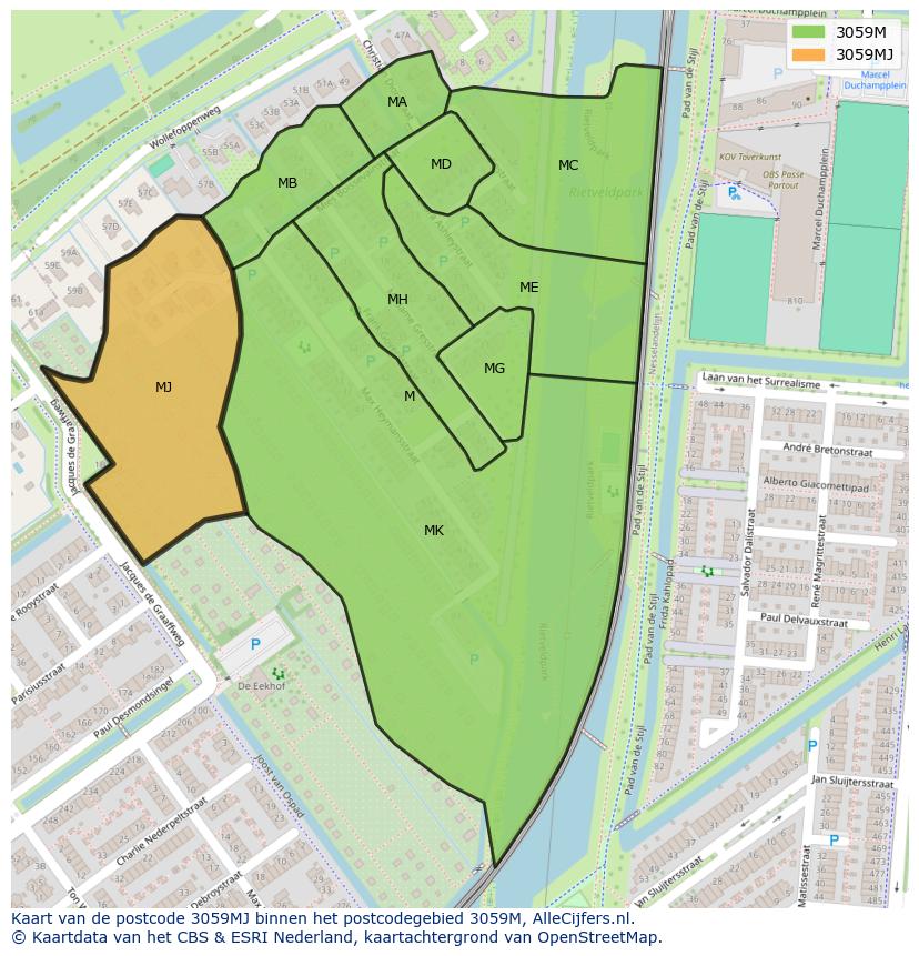 Afbeelding van het postcodegebied 3059 MJ op de kaart.