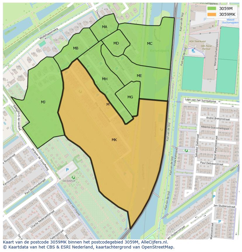 Afbeelding van het postcodegebied 3059 MK op de kaart.
