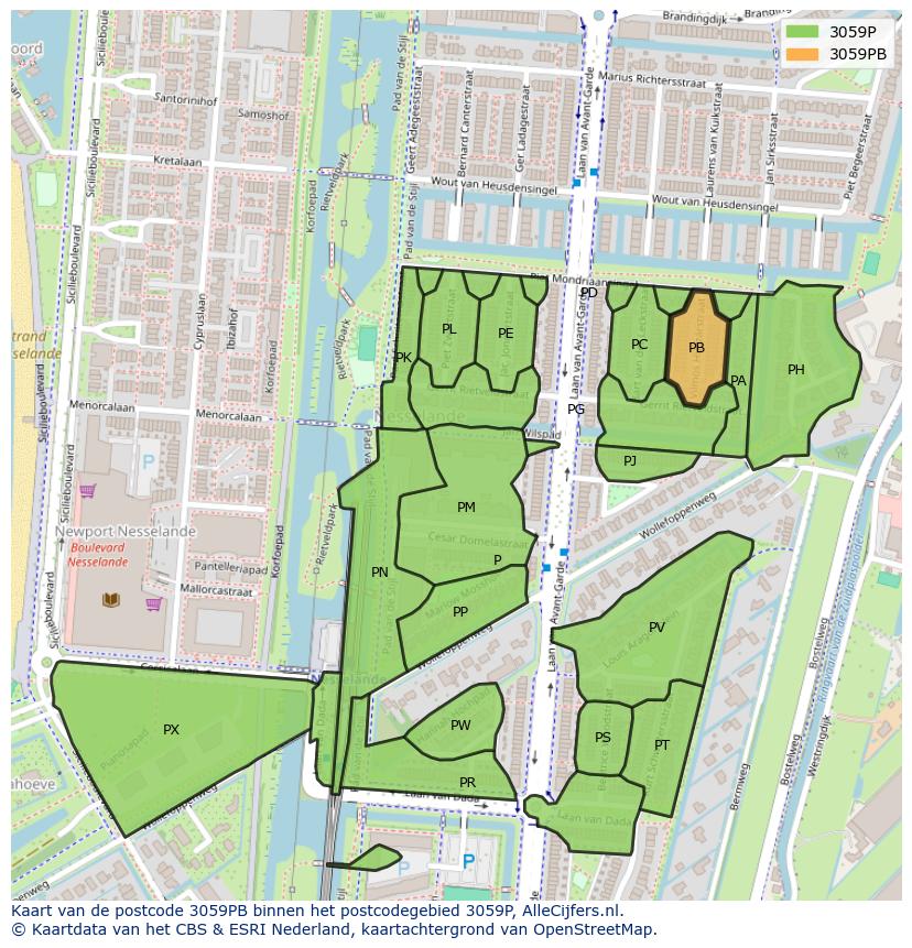 Afbeelding van het postcodegebied 3059 PB op de kaart.