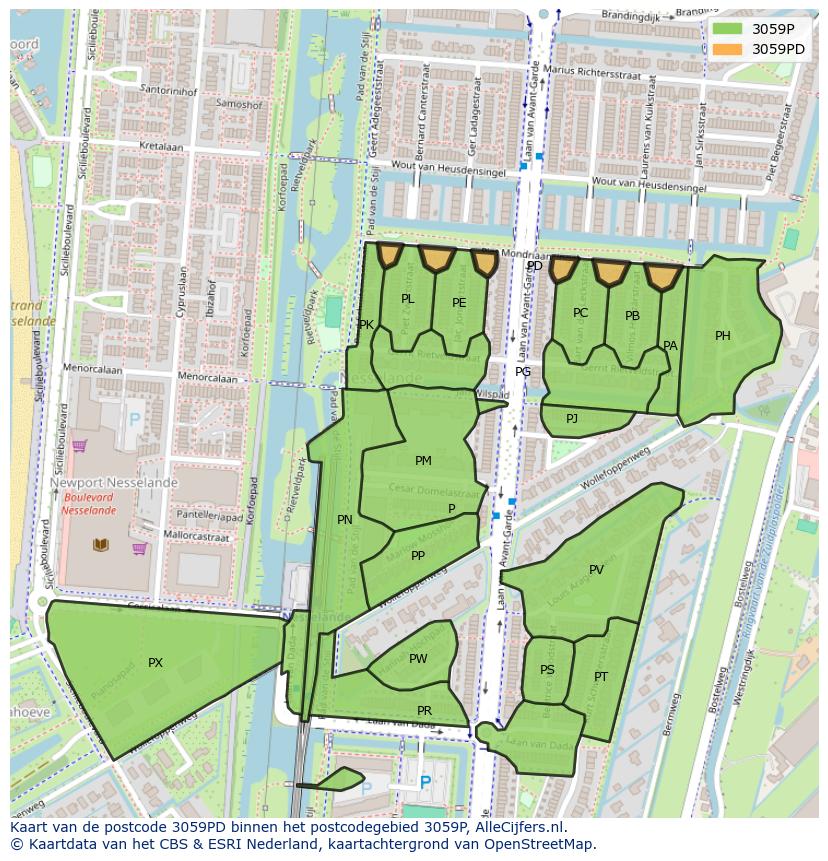 Afbeelding van het postcodegebied 3059 PD op de kaart.