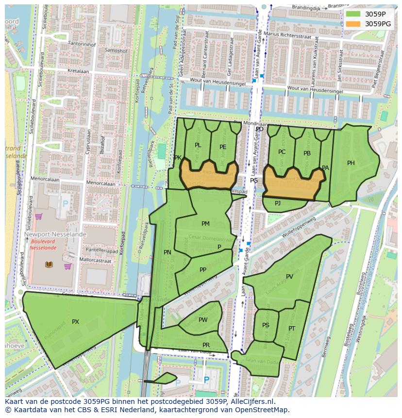 Afbeelding van het postcodegebied 3059 PG op de kaart.