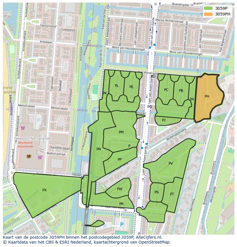Afbeelding van het postcodegebied 3059 PH op de kaart.