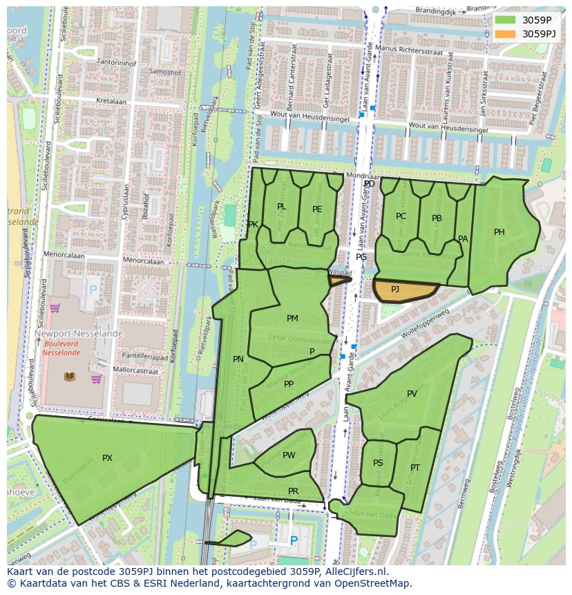 Afbeelding van het postcodegebied 3059 PJ op de kaart.
