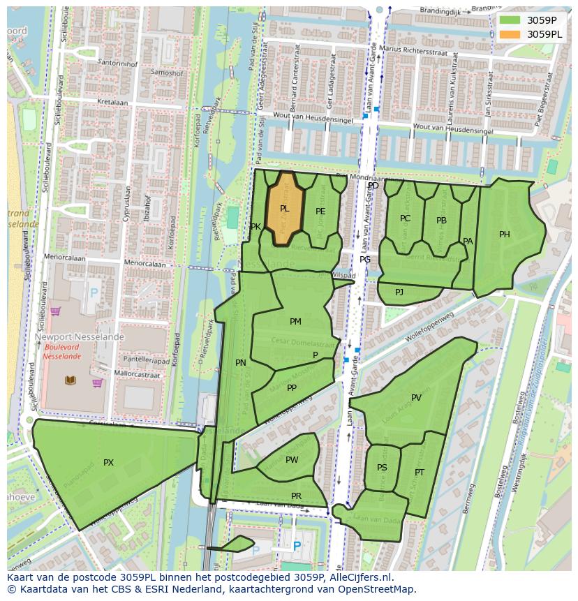 Afbeelding van het postcodegebied 3059 PL op de kaart.
