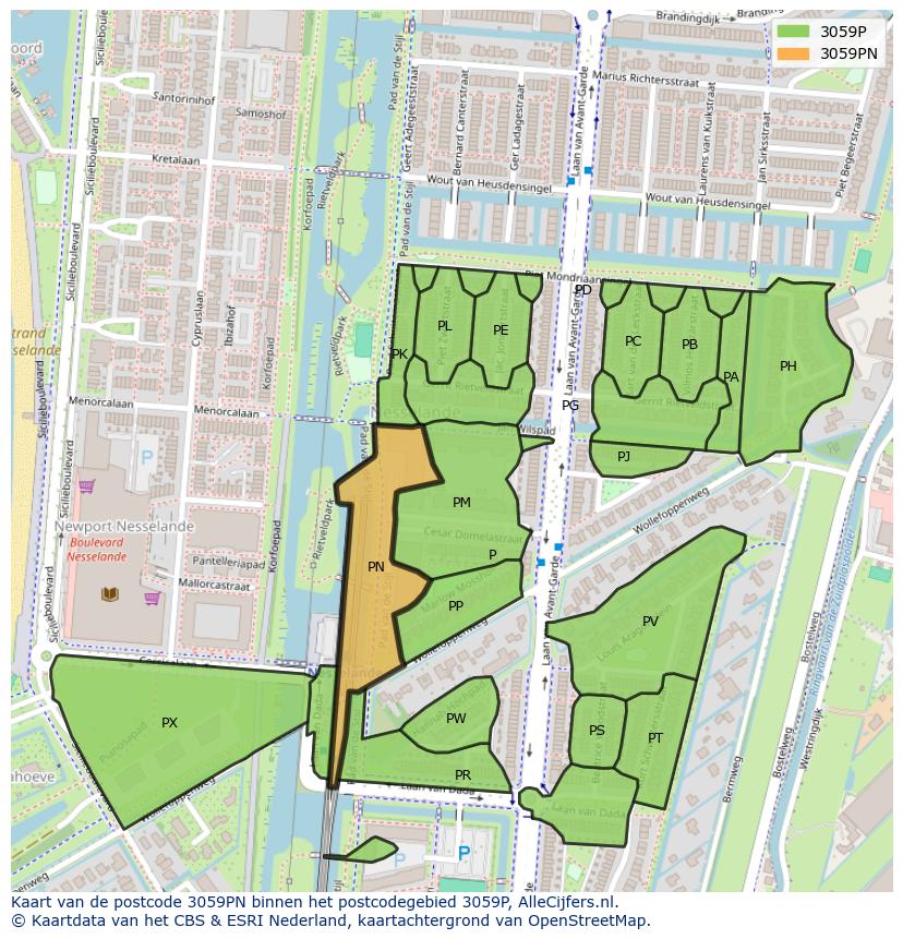 Afbeelding van het postcodegebied 3059 PN op de kaart.