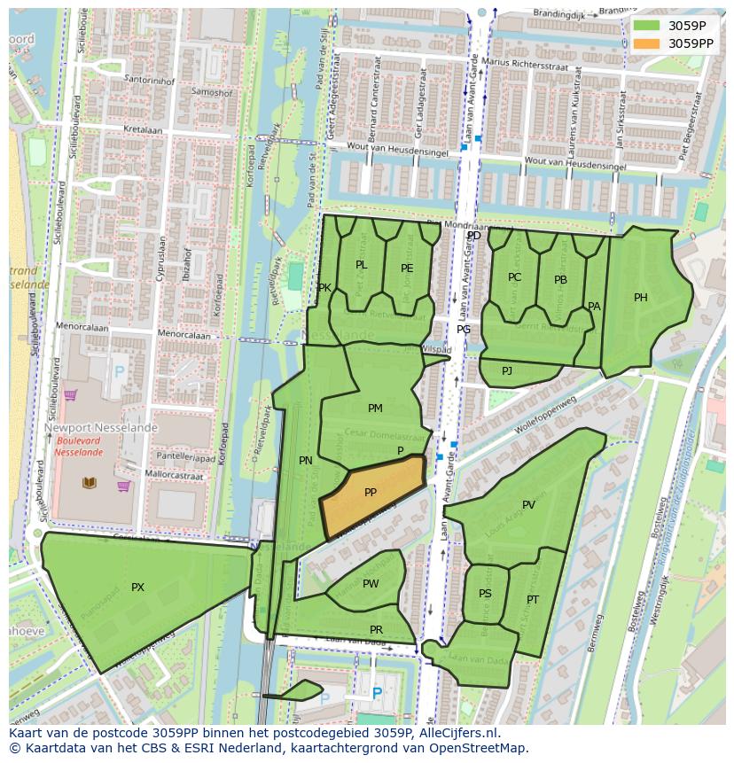 Afbeelding van het postcodegebied 3059 PP op de kaart.