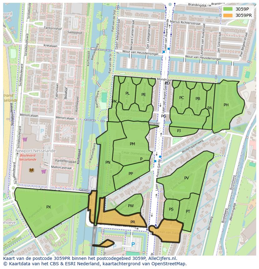 Afbeelding van het postcodegebied 3059 PR op de kaart.