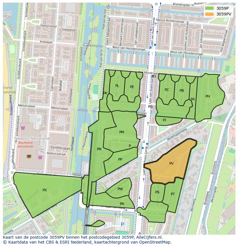 Afbeelding van het postcodegebied 3059 PV op de kaart.