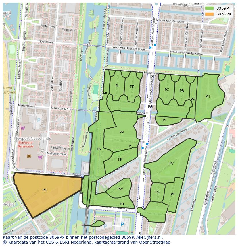 Afbeelding van het postcodegebied 3059 PX op de kaart.