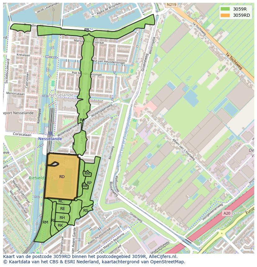 Afbeelding van het postcodegebied 3059 RD op de kaart.