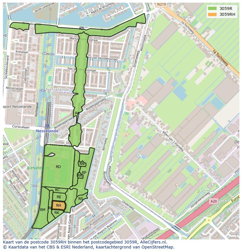 Afbeelding van het postcodegebied 3059 RH op de kaart.