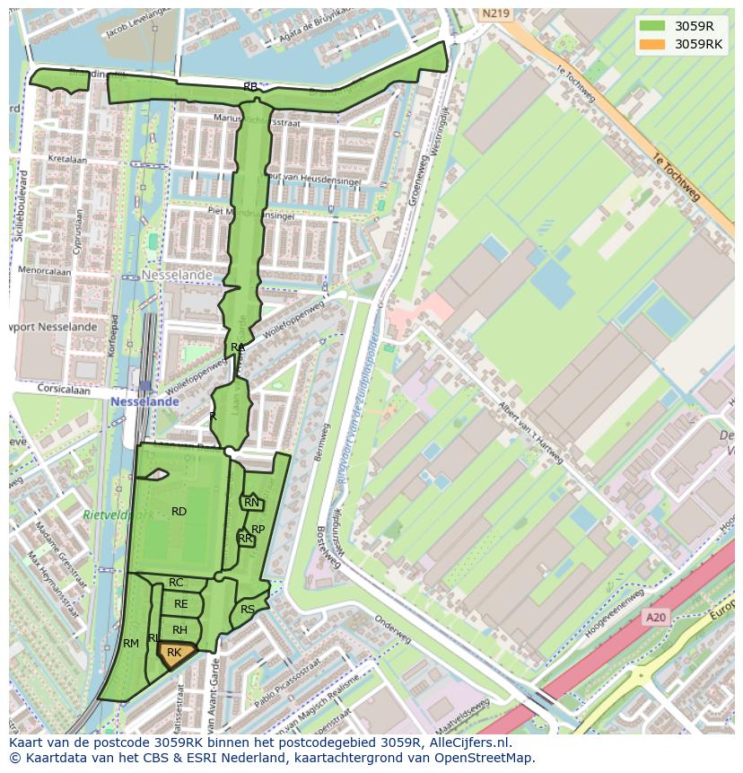Afbeelding van het postcodegebied 3059 RK op de kaart.