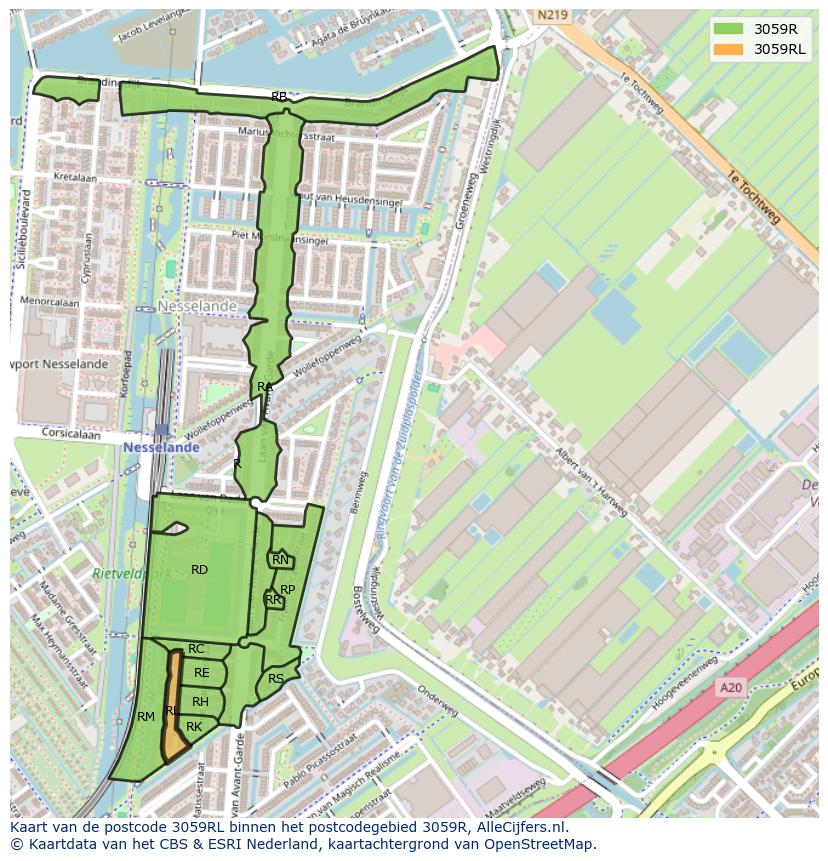 Afbeelding van het postcodegebied 3059 RL op de kaart.