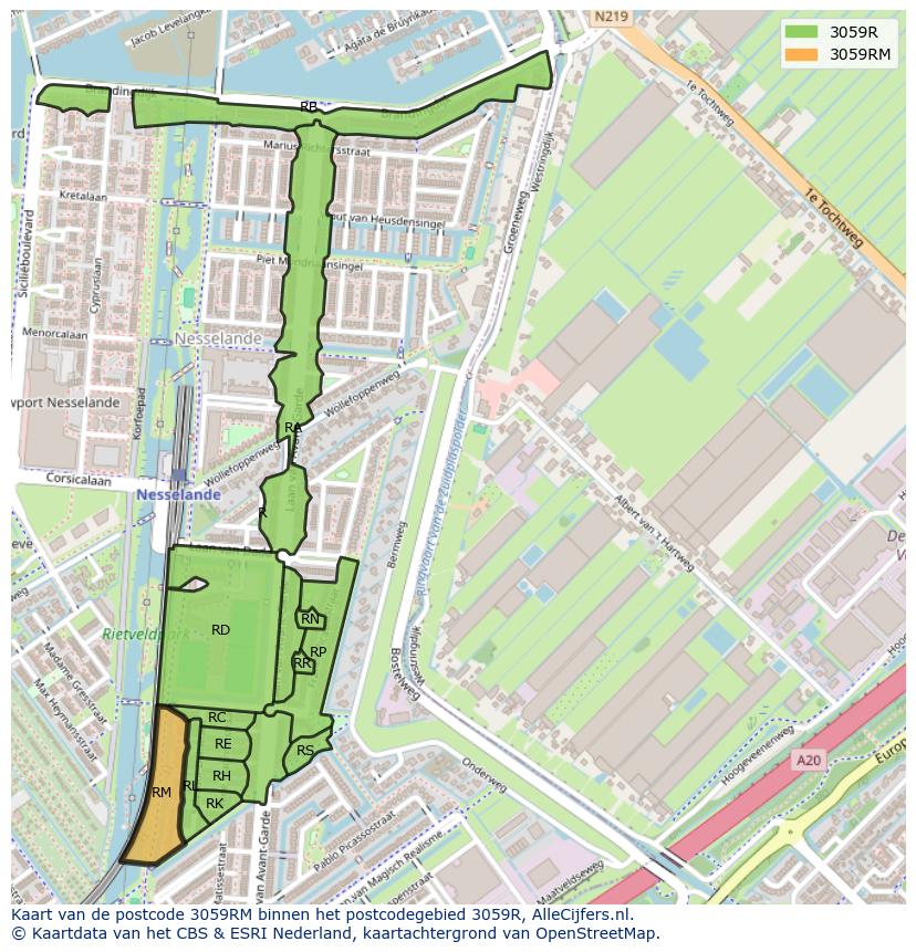 Afbeelding van het postcodegebied 3059 RM op de kaart.