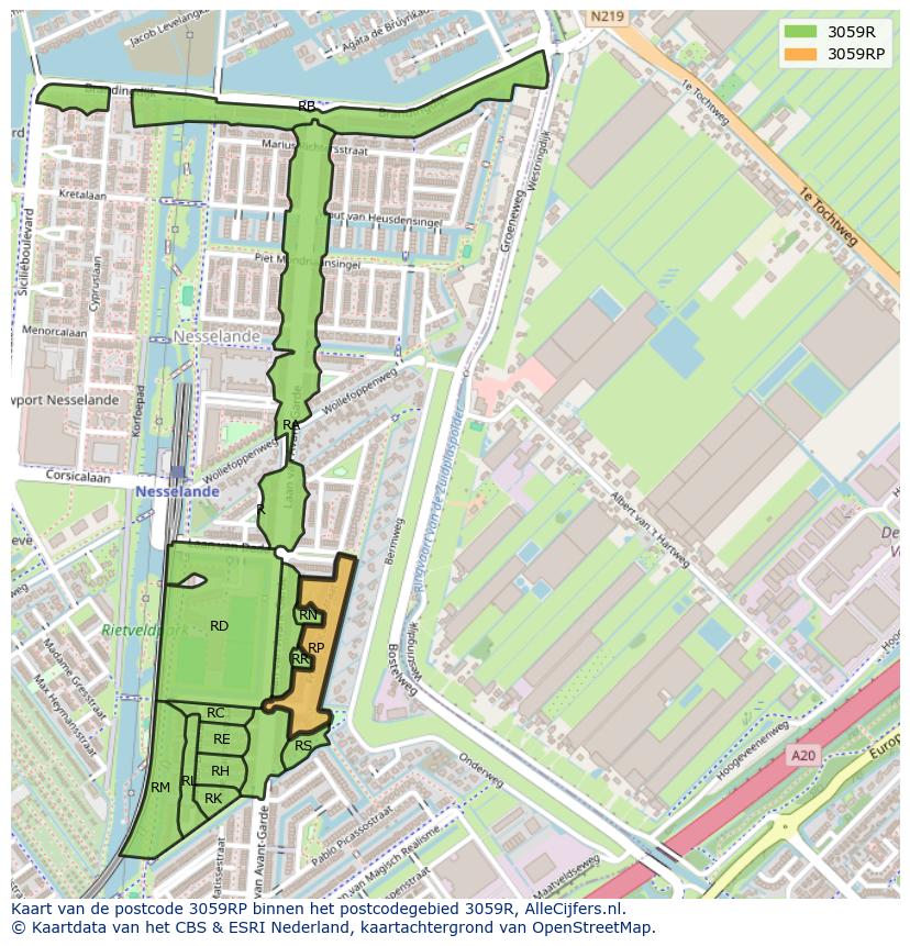 Afbeelding van het postcodegebied 3059 RP op de kaart.
