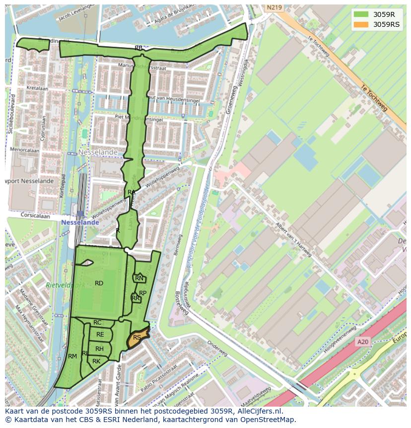 Afbeelding van het postcodegebied 3059 RS op de kaart.