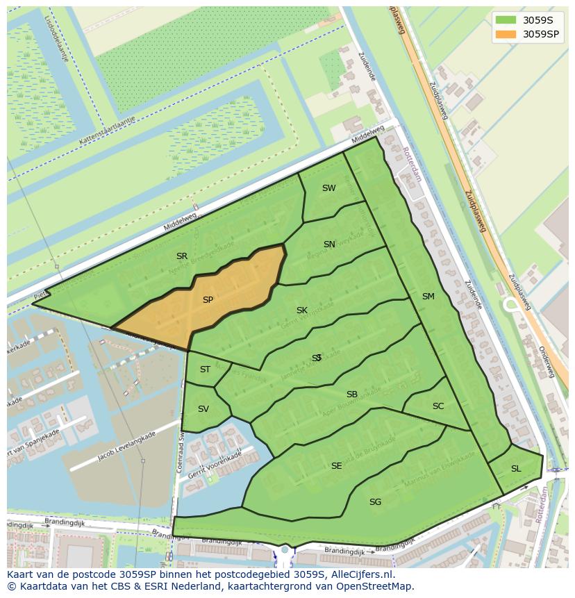 Afbeelding van het postcodegebied 3059 SP op de kaart.