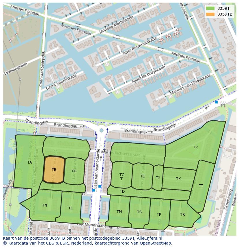 Afbeelding van het postcodegebied 3059 TB op de kaart.