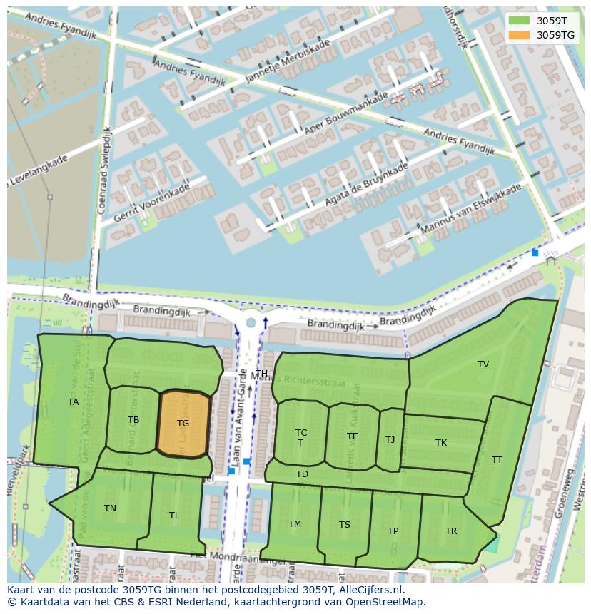 Afbeelding van het postcodegebied 3059 TG op de kaart.