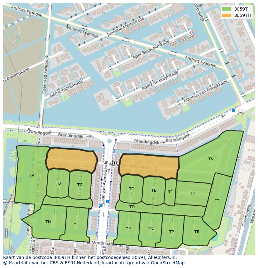 Afbeelding van het postcodegebied 3059 TH op de kaart.
