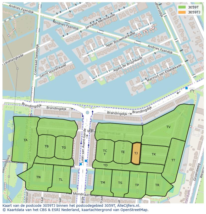 Afbeelding van het postcodegebied 3059 TJ op de kaart.
