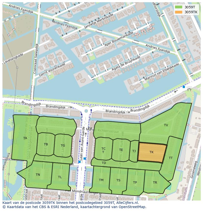 Afbeelding van het postcodegebied 3059 TK op de kaart.