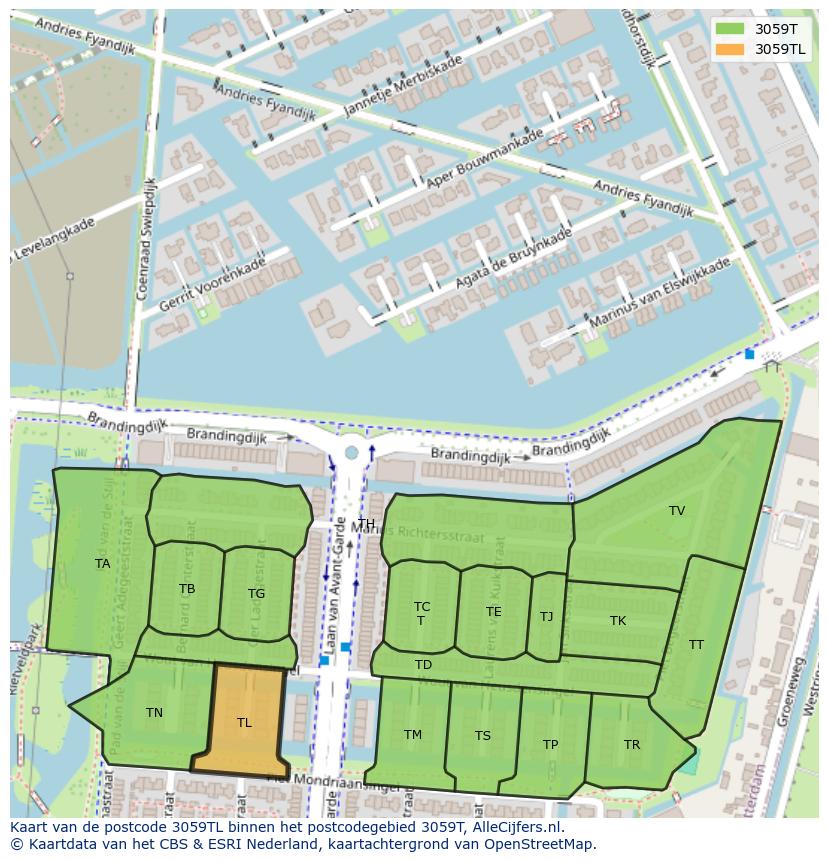 Afbeelding van het postcodegebied 3059 TL op de kaart.