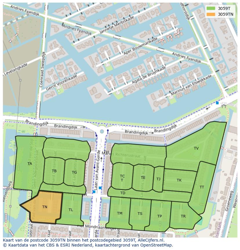 Afbeelding van het postcodegebied 3059 TN op de kaart.