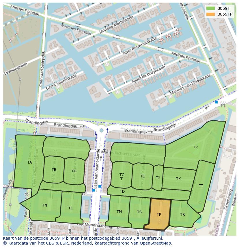 Afbeelding van het postcodegebied 3059 TP op de kaart.