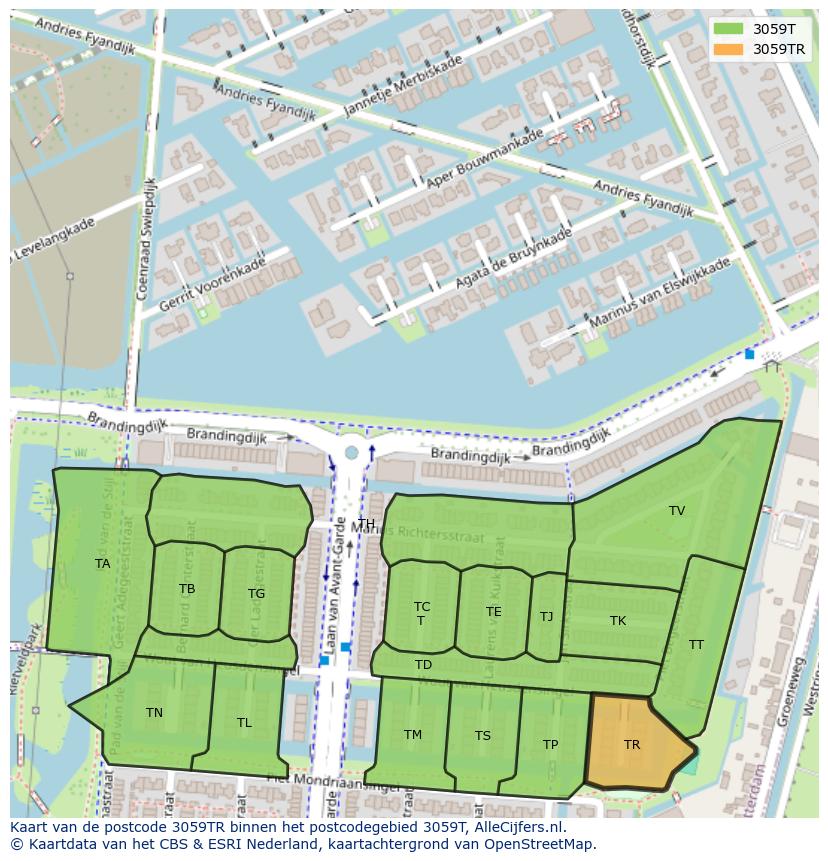 Afbeelding van het postcodegebied 3059 TR op de kaart.