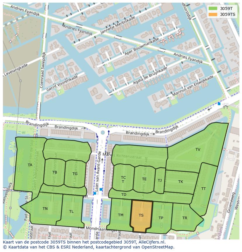 Afbeelding van het postcodegebied 3059 TS op de kaart.