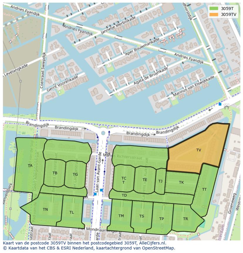Afbeelding van het postcodegebied 3059 TV op de kaart.