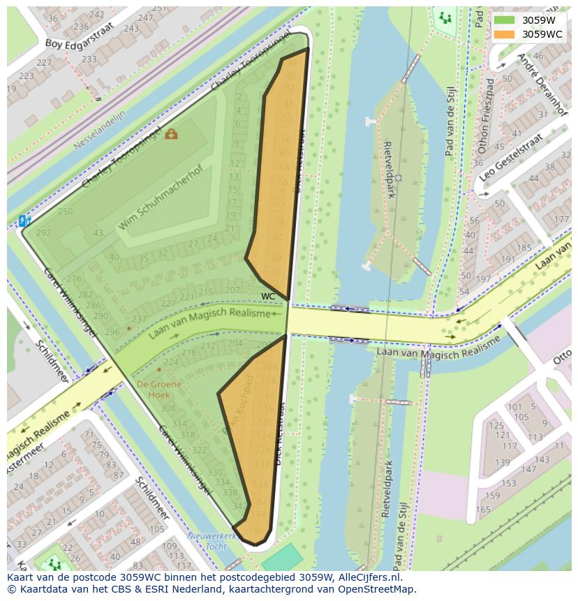 Afbeelding van het postcodegebied 3059 WC op de kaart.