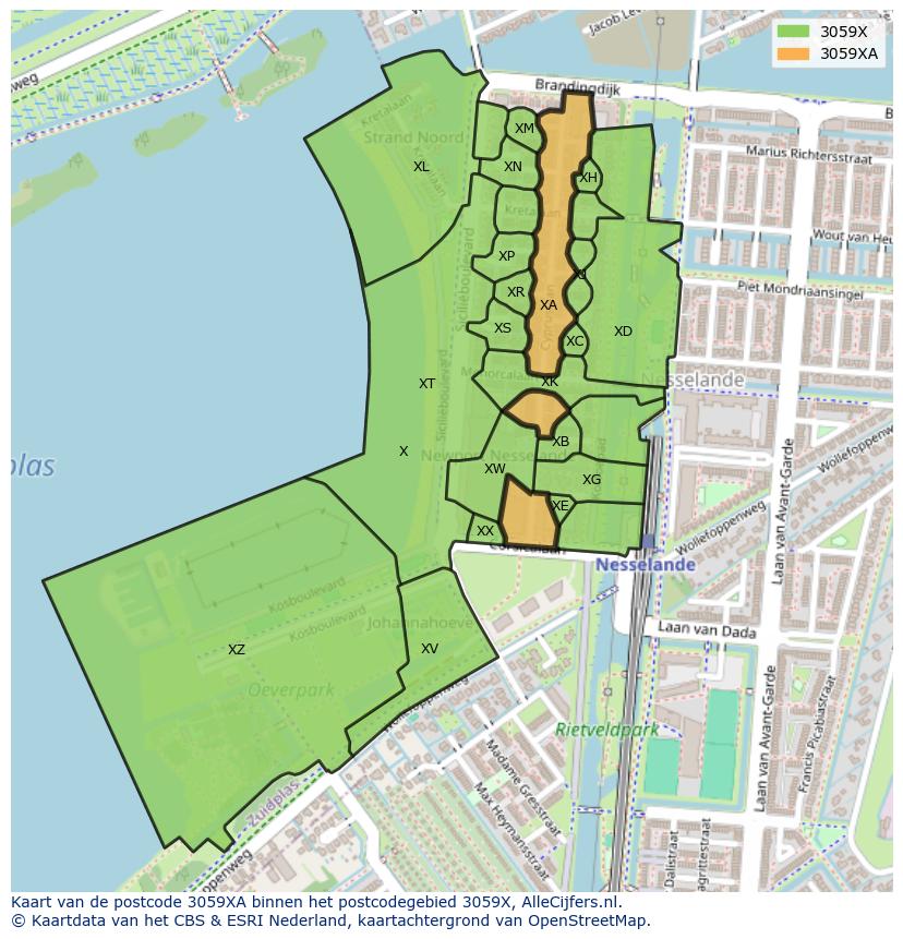 Afbeelding van het postcodegebied 3059 XA op de kaart.