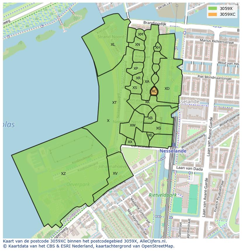 Afbeelding van het postcodegebied 3059 XC op de kaart.
