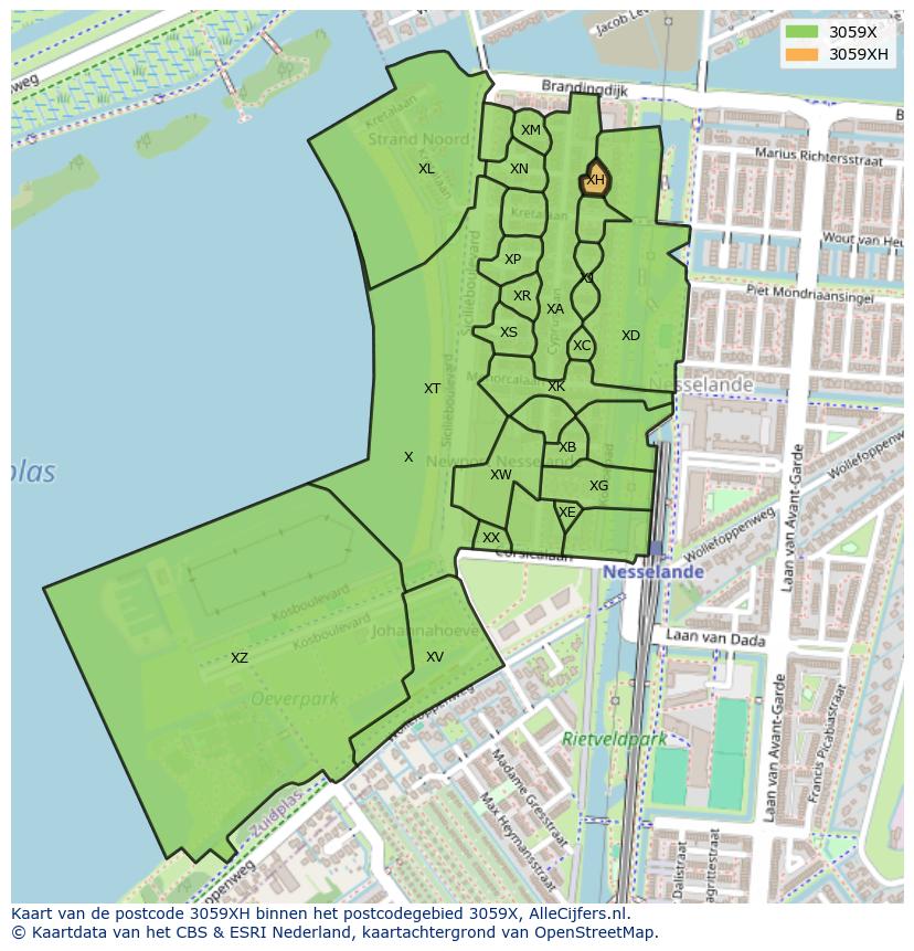 Afbeelding van het postcodegebied 3059 XH op de kaart.