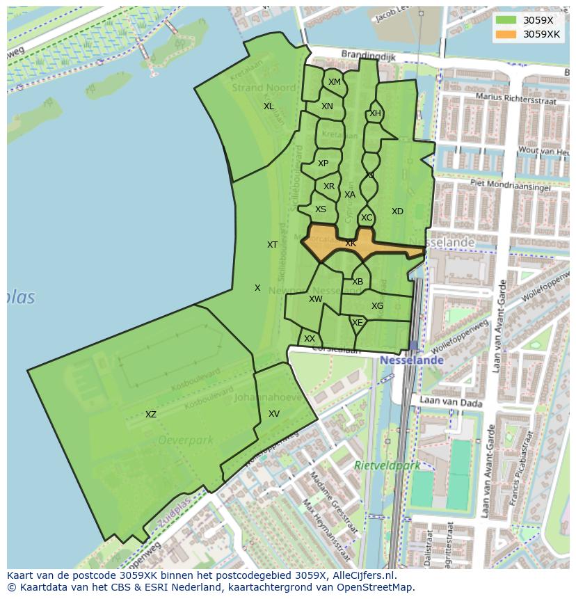 Afbeelding van het postcodegebied 3059 XK op de kaart.
