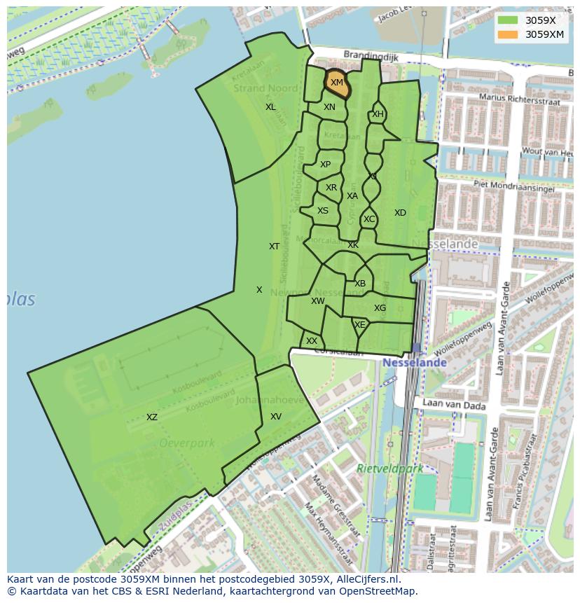 Afbeelding van het postcodegebied 3059 XM op de kaart.