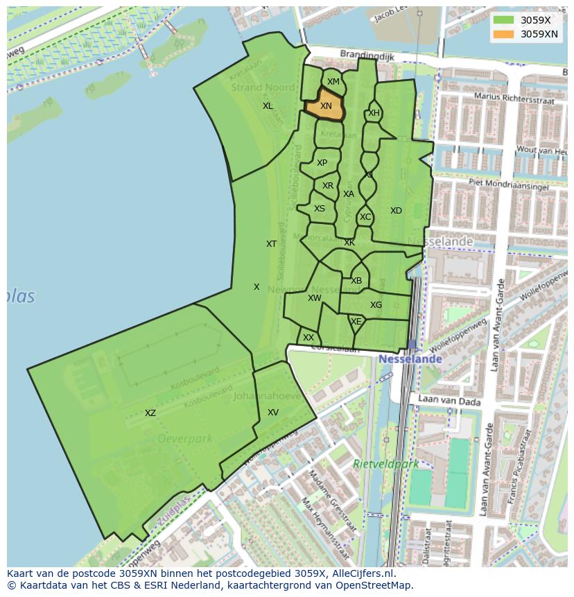 Afbeelding van het postcodegebied 3059 XN op de kaart.